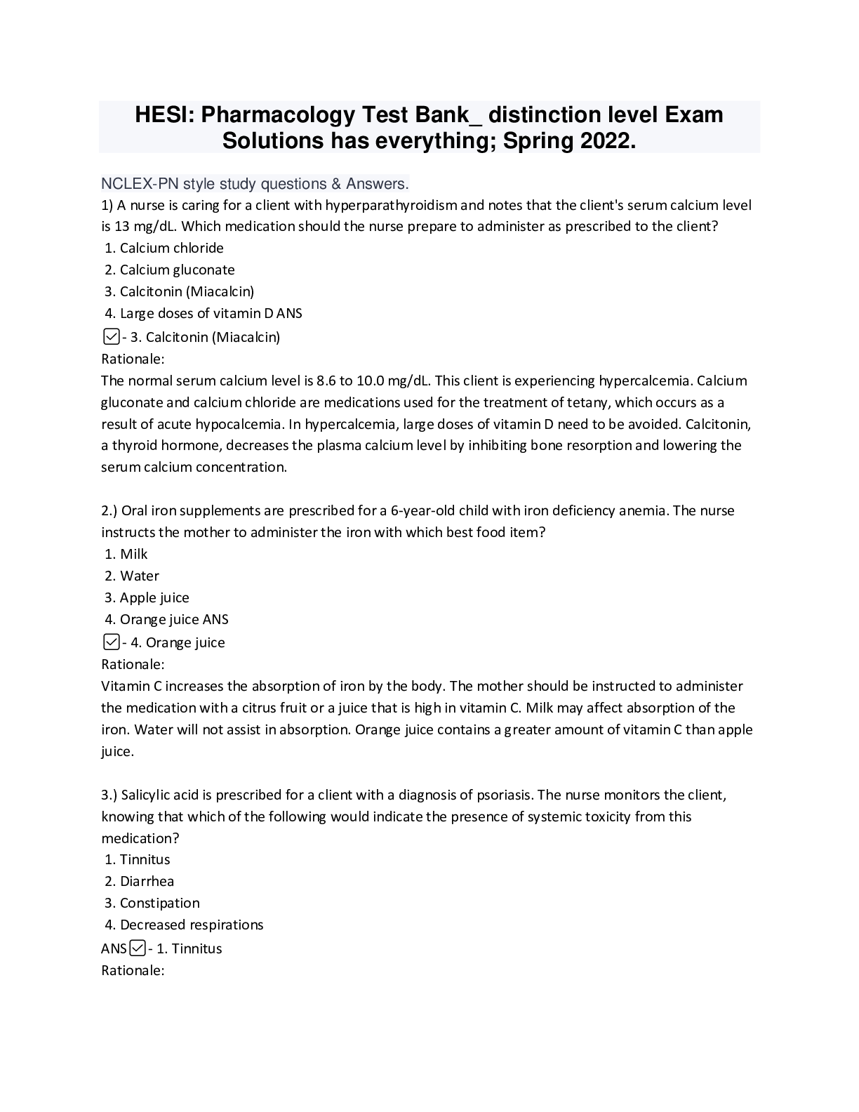 Preview image for HESI: Pharmacology exam test bank further elaborated_ distinction level Exam Solutions has everything; Spring 2022.